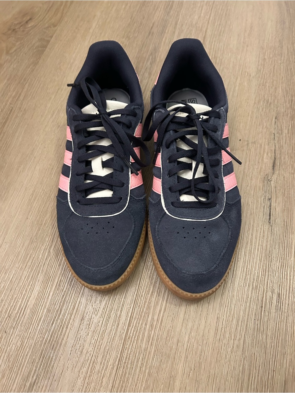 Adidas White Interior Label with Navy Upper Detail and Pink Stripes